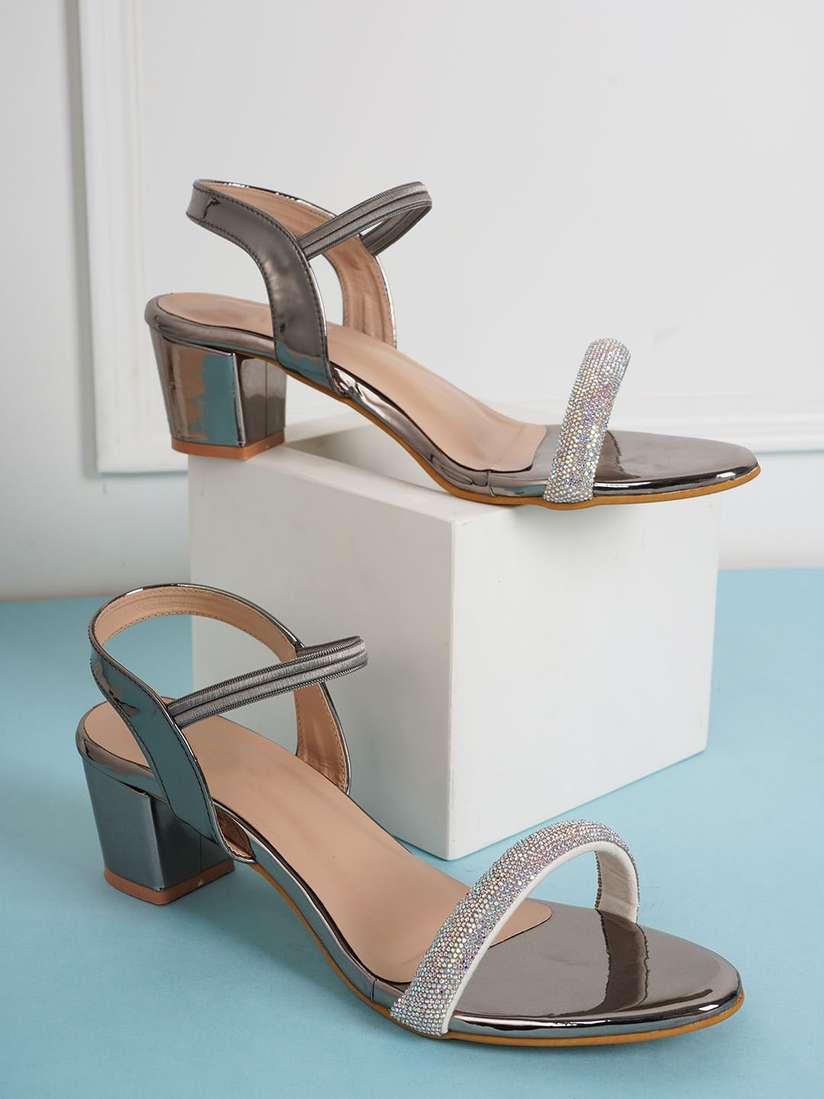 Block Heels Silver Embellished Shoes Wide Fit Embellished Low