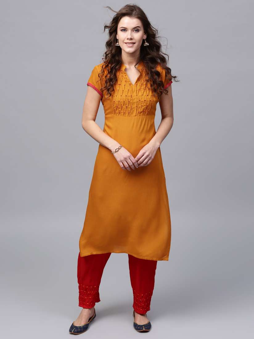 Buy AKS Women Mustard Yellow Yoke Design Straight Kurta Kurtas for Women 2262332 Myntra