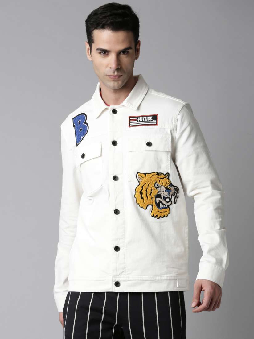 Buy Breakbounce Men White Denim Jacket with Patchwork Jackets for Men 22630270 Myntra