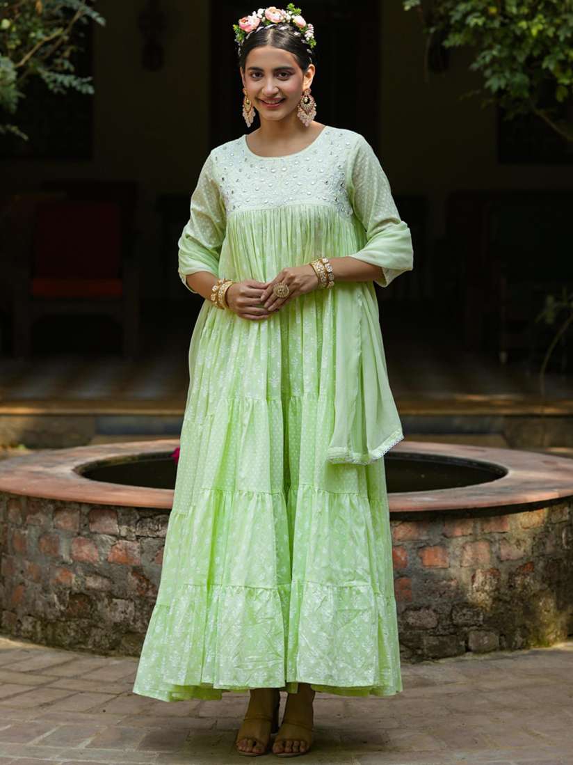 Buy SCAKHI Printed Mirror WGreen ork Cotton Maxi Dress With Dupatta Ethnic Dresses for Women 22638832 Myntra