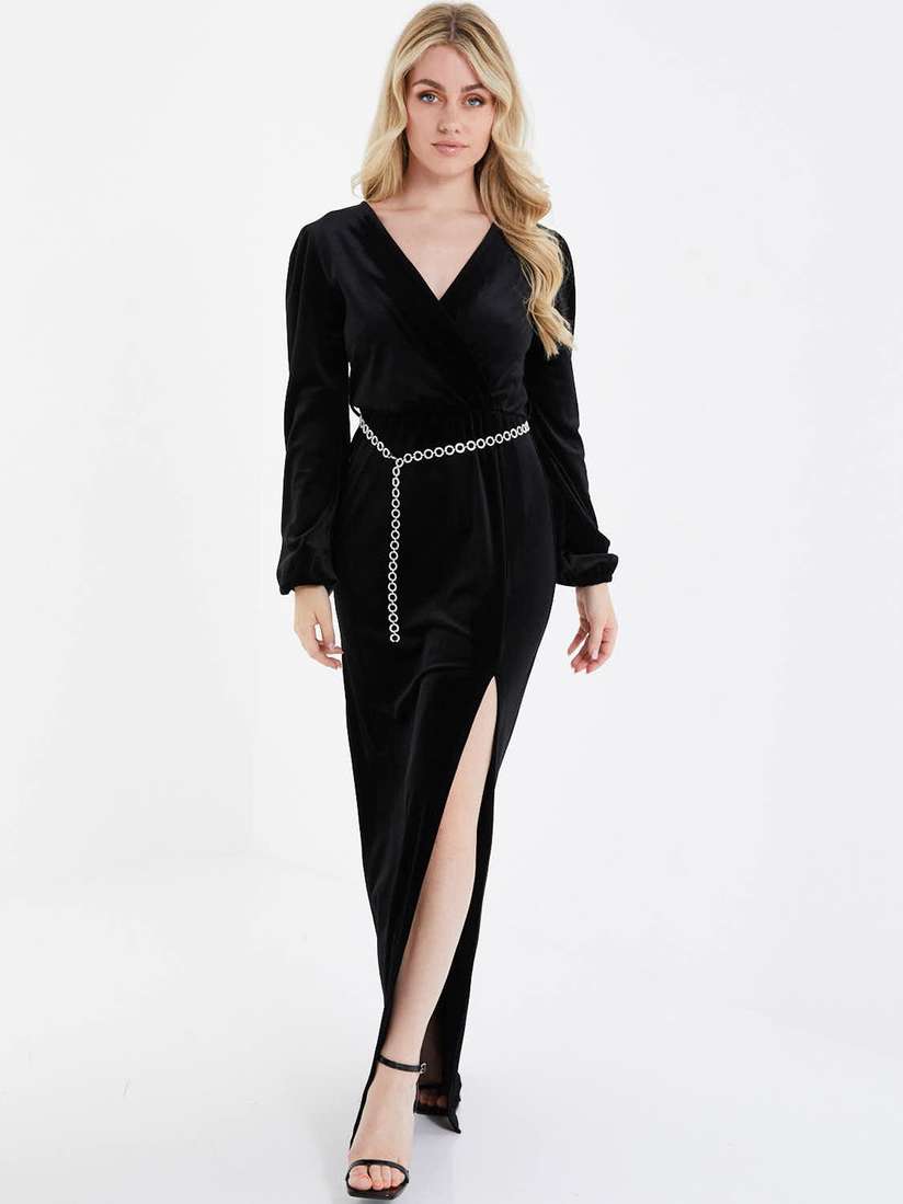 Buy QUIZ V-Neck Front Slit Maxi Dress With Belt Dresses for