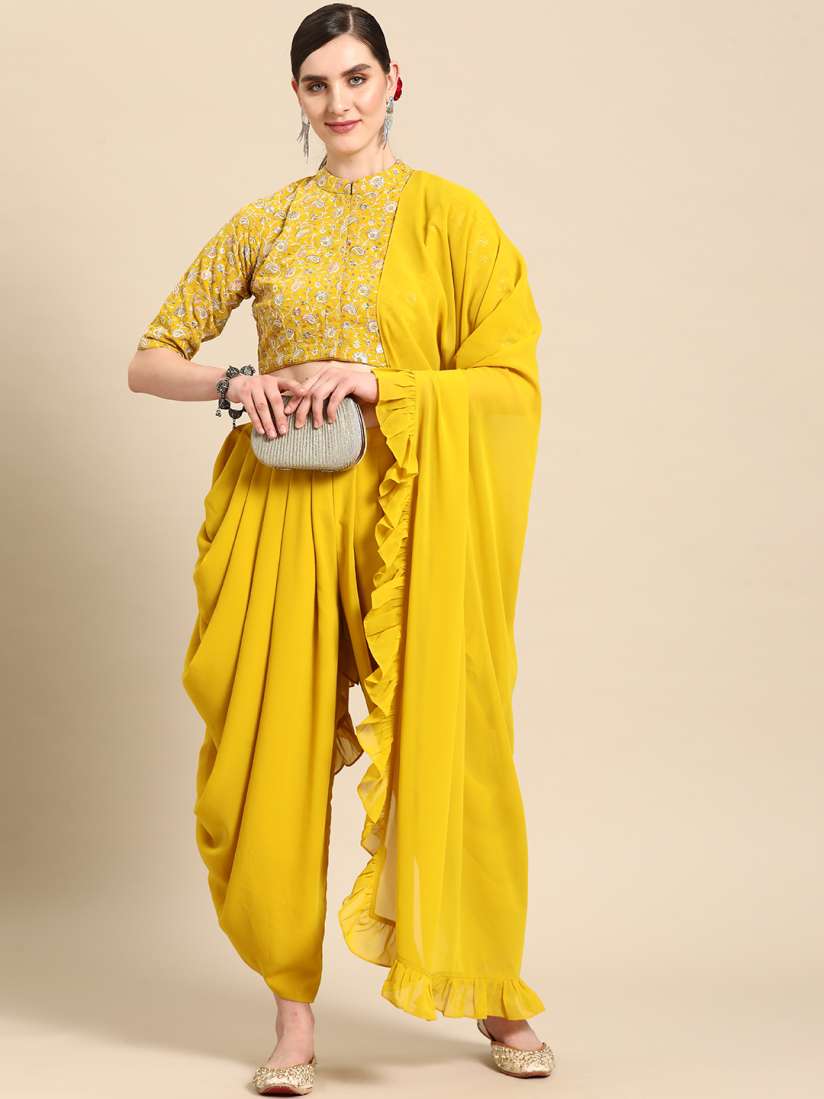 Buy Libas Pure Georgette Ruffled Detail Dhoti Saree with Stitched Blouse Sarees for Women 22664746 Myntra