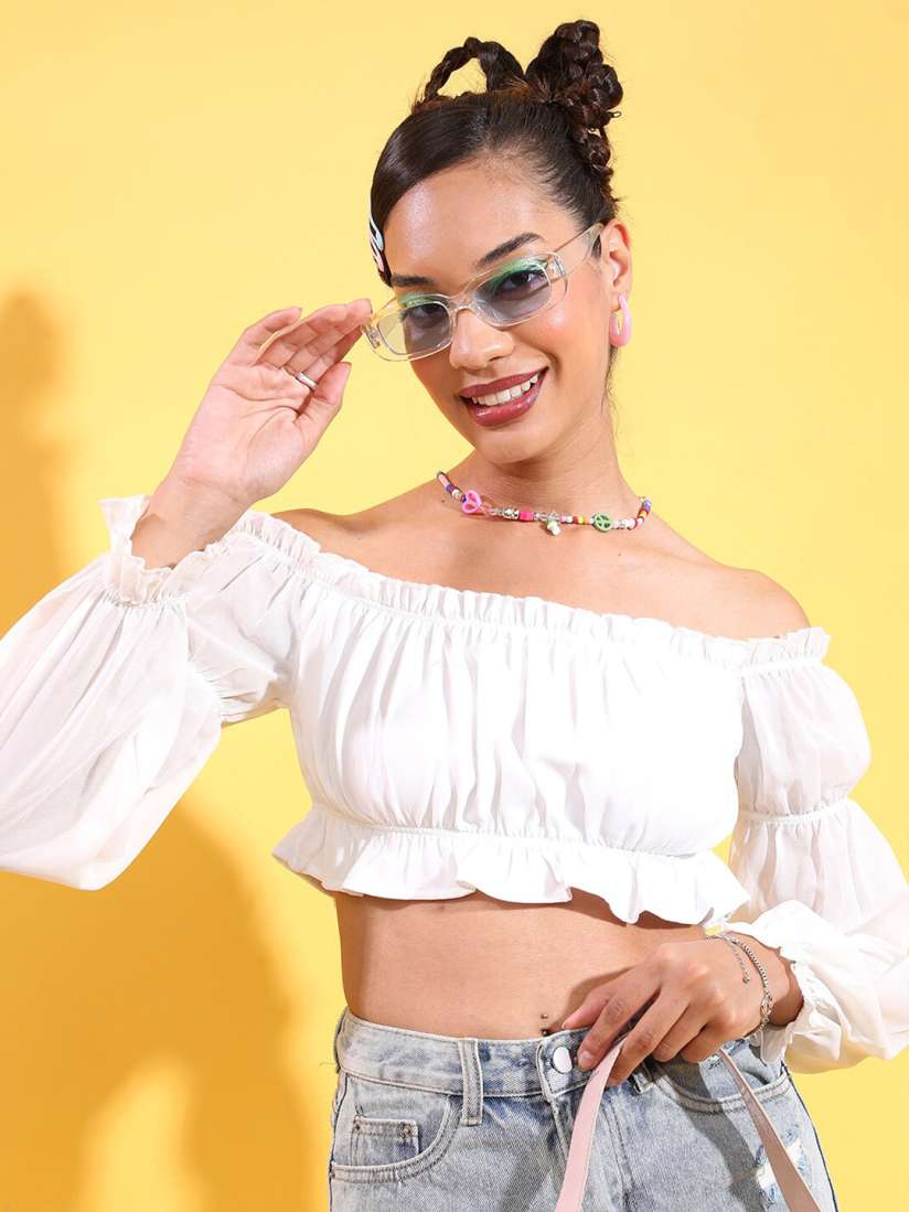 White puff sleeve bardot top hot sale