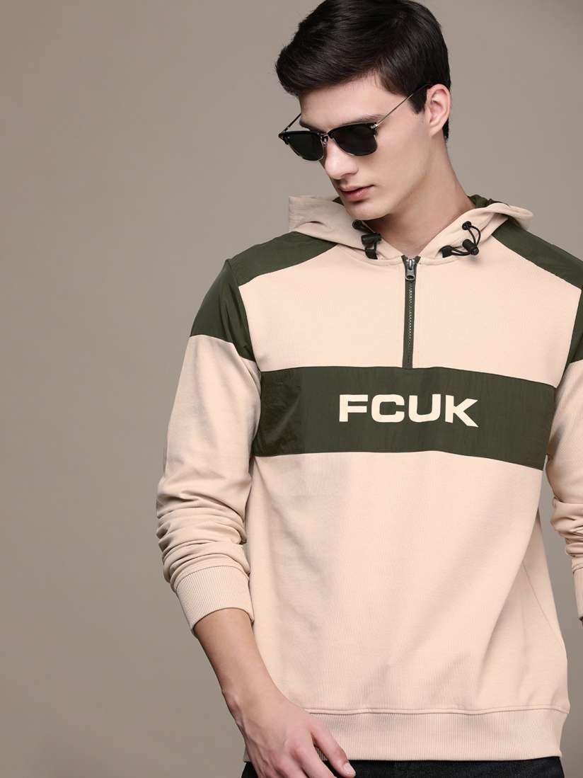 Buy FCUK Brand Logo Printed Colourblocked Hooded Sweatshirt Sweatshirts for Men 22679614 Myntra