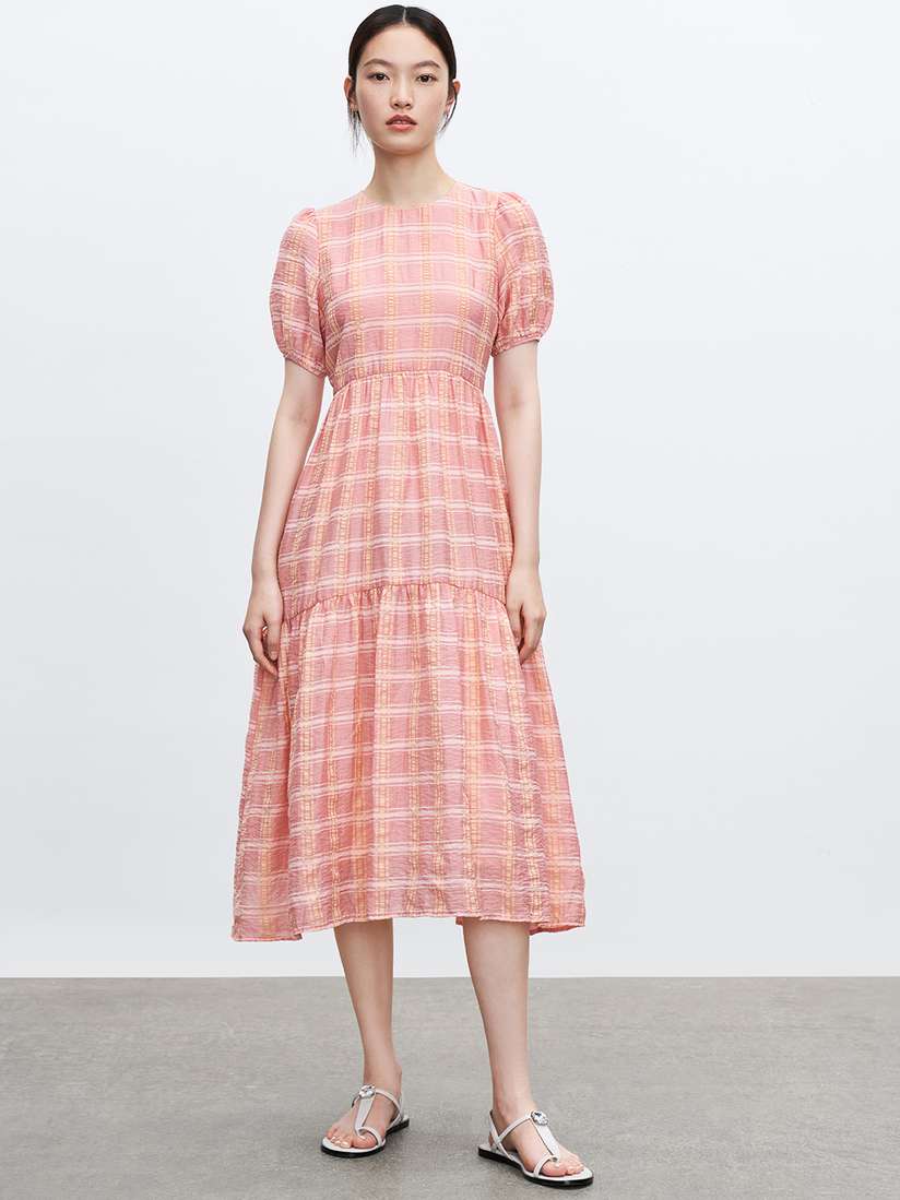 Buy Urban Revivo Plaid Checked Puff Sleeve Tiered Midi Dress  