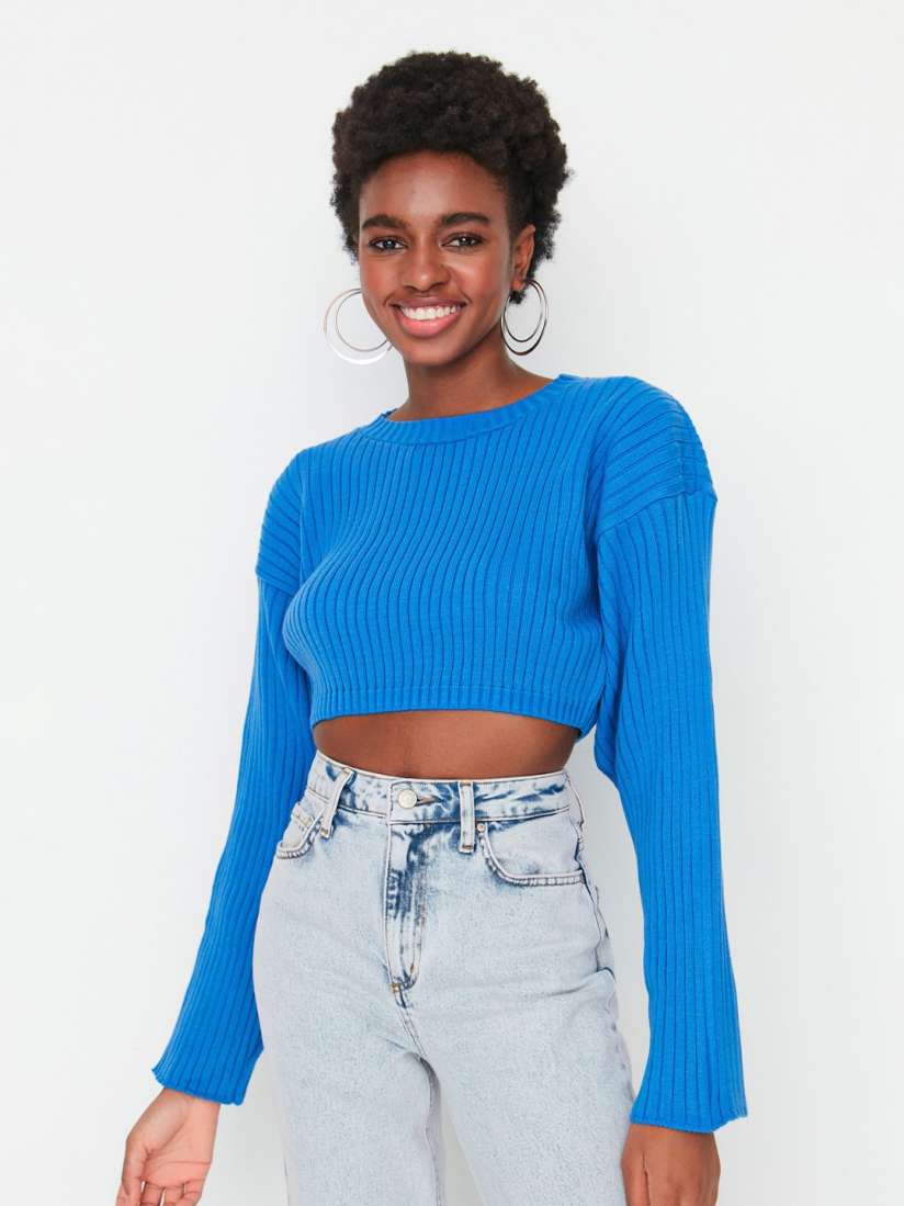Buy Trendyol Ribbed Round Neck Crop Acrylic Pullover Sweater Sweaters for Women 22690634 Myntra