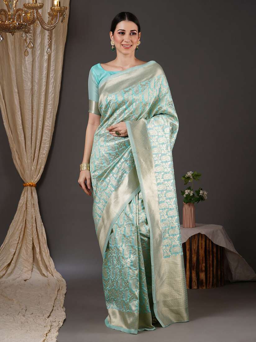Buy Saree mall Turquoise Blue Silver Toned Paisley Zari Silk Blend Banarasi Sarees Sarees for Women 22697994 Myntra