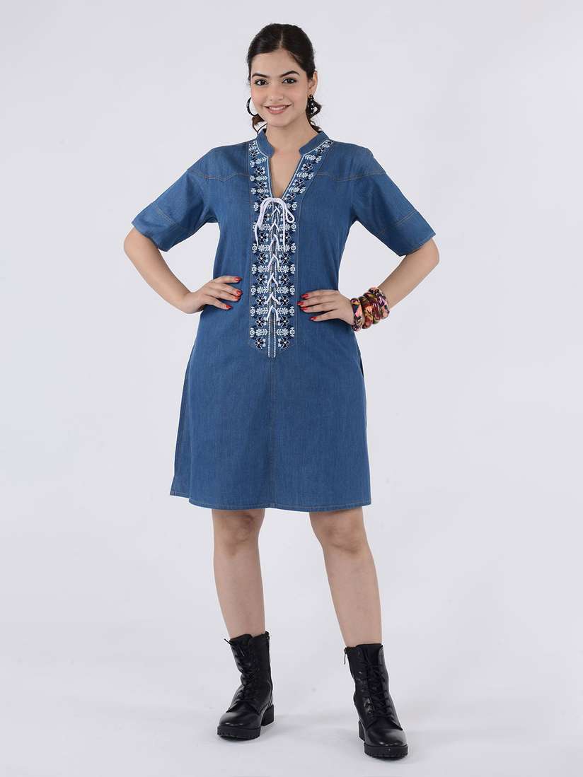 Denim Dresses For Ladies In Their 40s Mid Blue Fit Flare Buckle