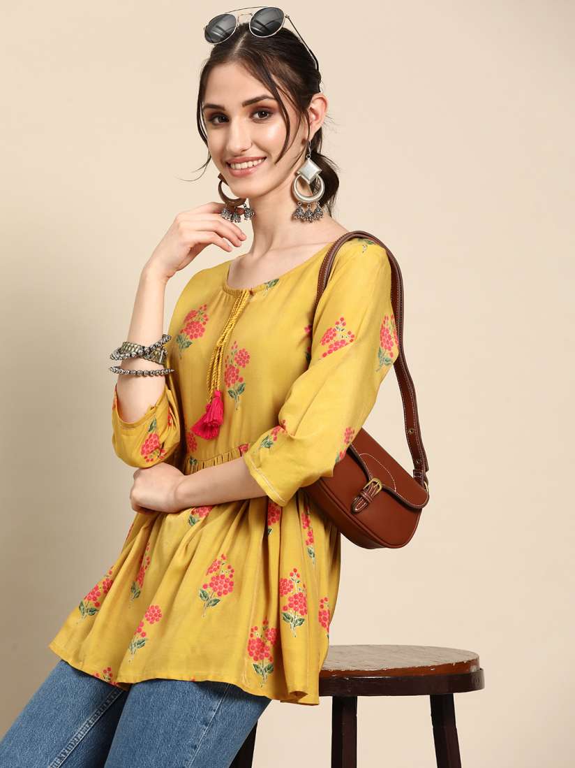 Buy Sangria Floral Printed Pleated Tie Up Neck Kurti Kurtis for Women 22770838 Myntra