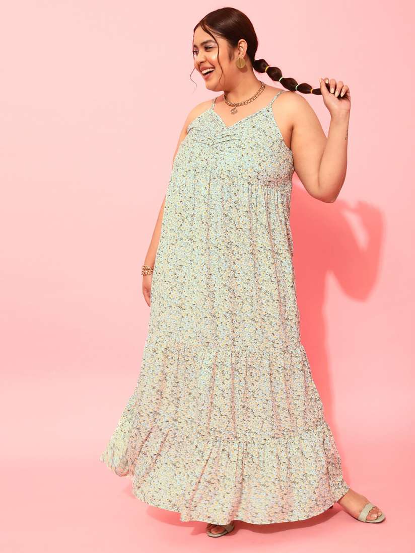 Buy CURVY STREET Plus Size Sea Green White Floral Printed Shoulder Straps Maxi Dress Dresses for Women 22786638 Myntra