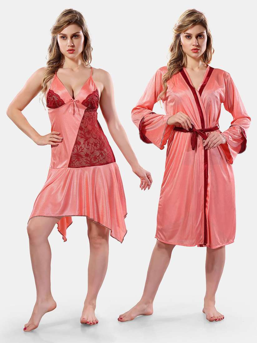 Buy Be You V Neck Lace Up Details Satin Babydoll With Robe Baby Dolls for Women 22802646 Myntra