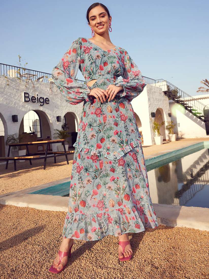 Buy STREET 9 Green Pink Floral Printed Bell Sleeve Maxi Dress Dresses for Women 22808484 Myntra