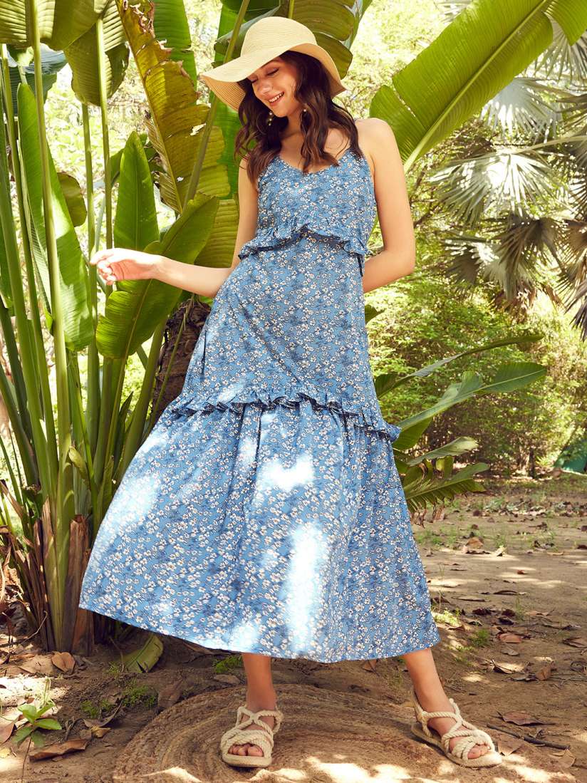 Buy STREET 9 Blue Floral Printed Shoulder Strap Tiered A Line Midi Dress Dresses for Women 22808504 Myntra