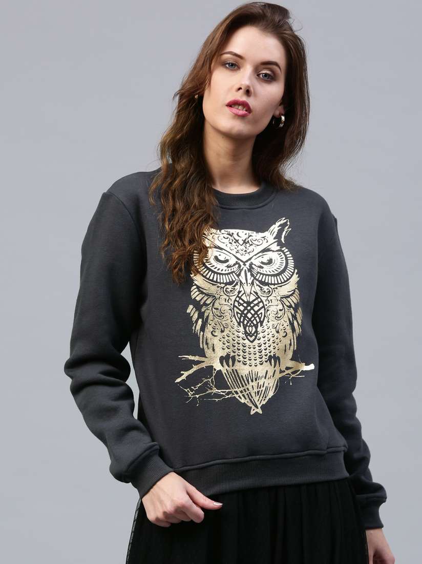 Buy SASSAFRAS Women Grey Owl Print Sweatshirt Sweatshirts for Women 2280933 Myntra