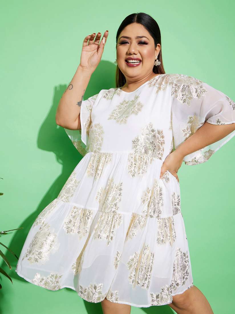 Buy SASSAFRAS Curve Plus Size White Floral Printed Knee Length Fit Flare Dress Dresses for Women 22809782 Myntra