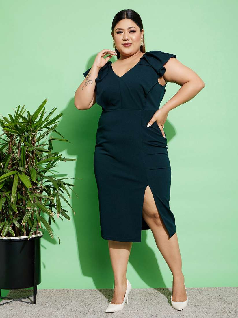 Buy SASSAFRAS Curve Plus Size V Neck Bodycorn Midi Dress Dresses for Women 22836786 Myntra