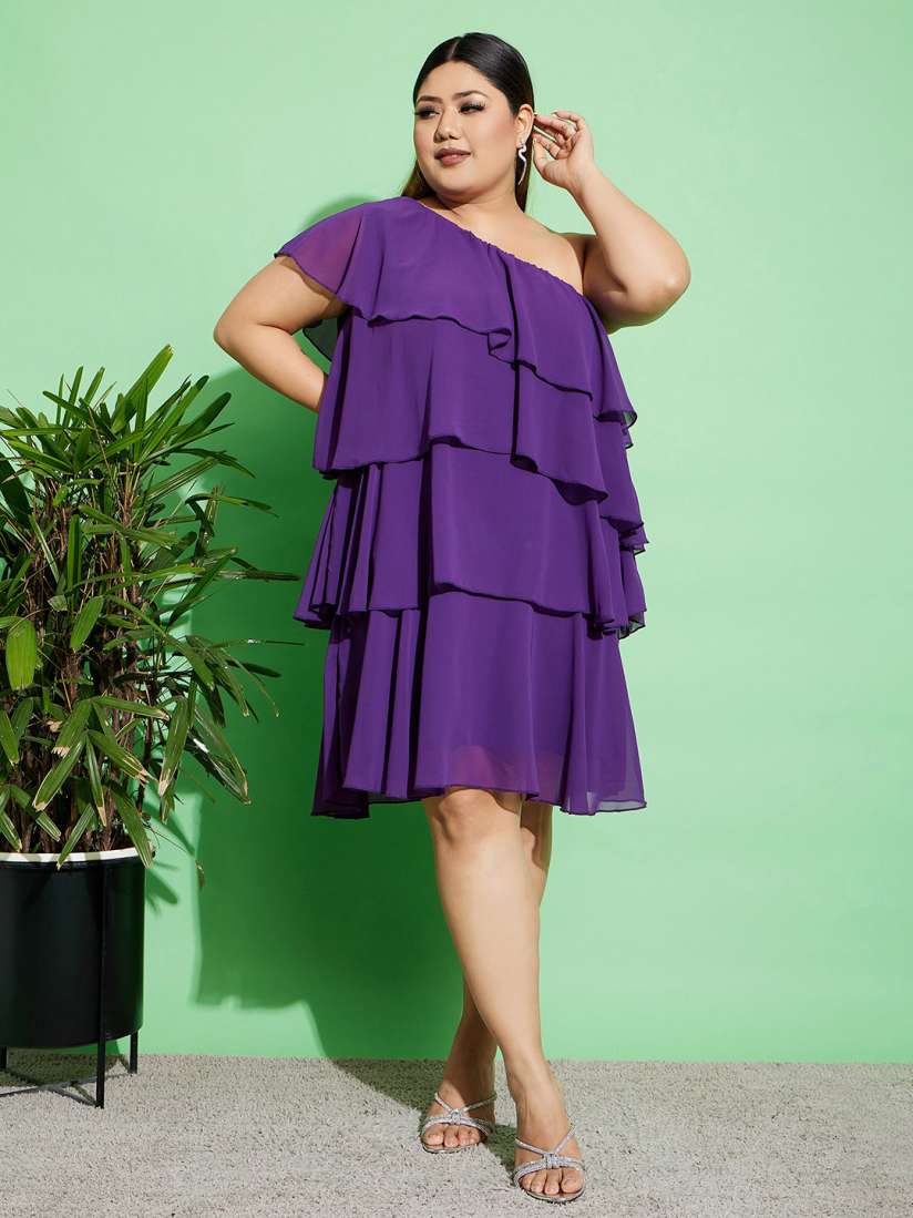 Buy SASSAFRAS Curve Plus Size Purple One Shoulder Georgette A Line Frill Dress Dresses for Women 22836800 Myntra