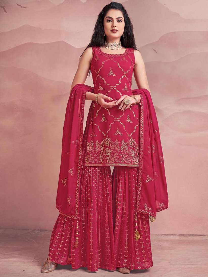 Buy Fusionic Floral Embroidered Sequined Georgette Kurti with Sharara Dupatta Kurta Sets for Women 22841286 Myntra