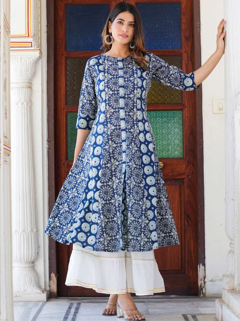 Buy YASH GALLERY Women Blue Floral Printed Keyhole Neck Mirror Work Kurta Kurtas for Women 22845146 Myntra