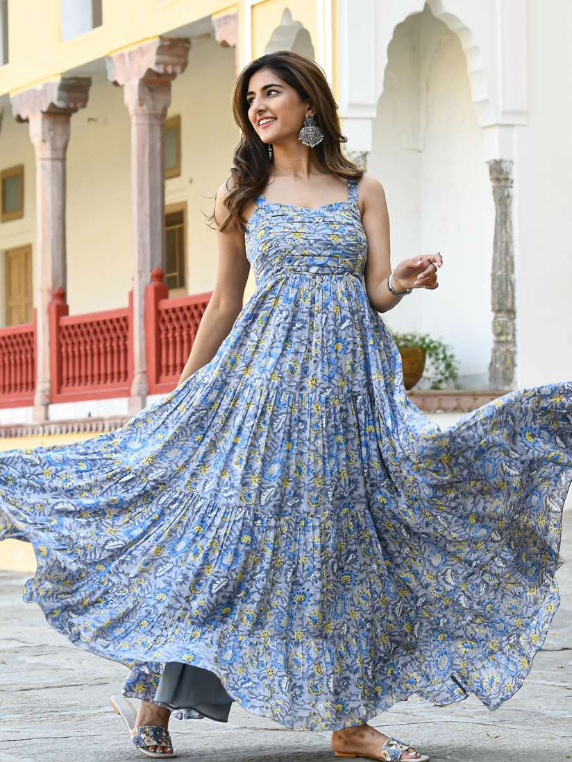 Buy Bunaai Floral Printed Fit Flare Maxi Ethnic Dresses Ethnic Dresses for Women 22845964 Myntra