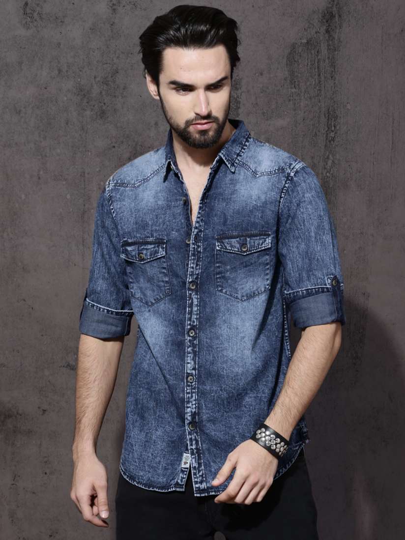 Buy Roadster Men Blue Slim Fit Faded Casual Denim Shirt Shirts for Men 2284633 Myntra