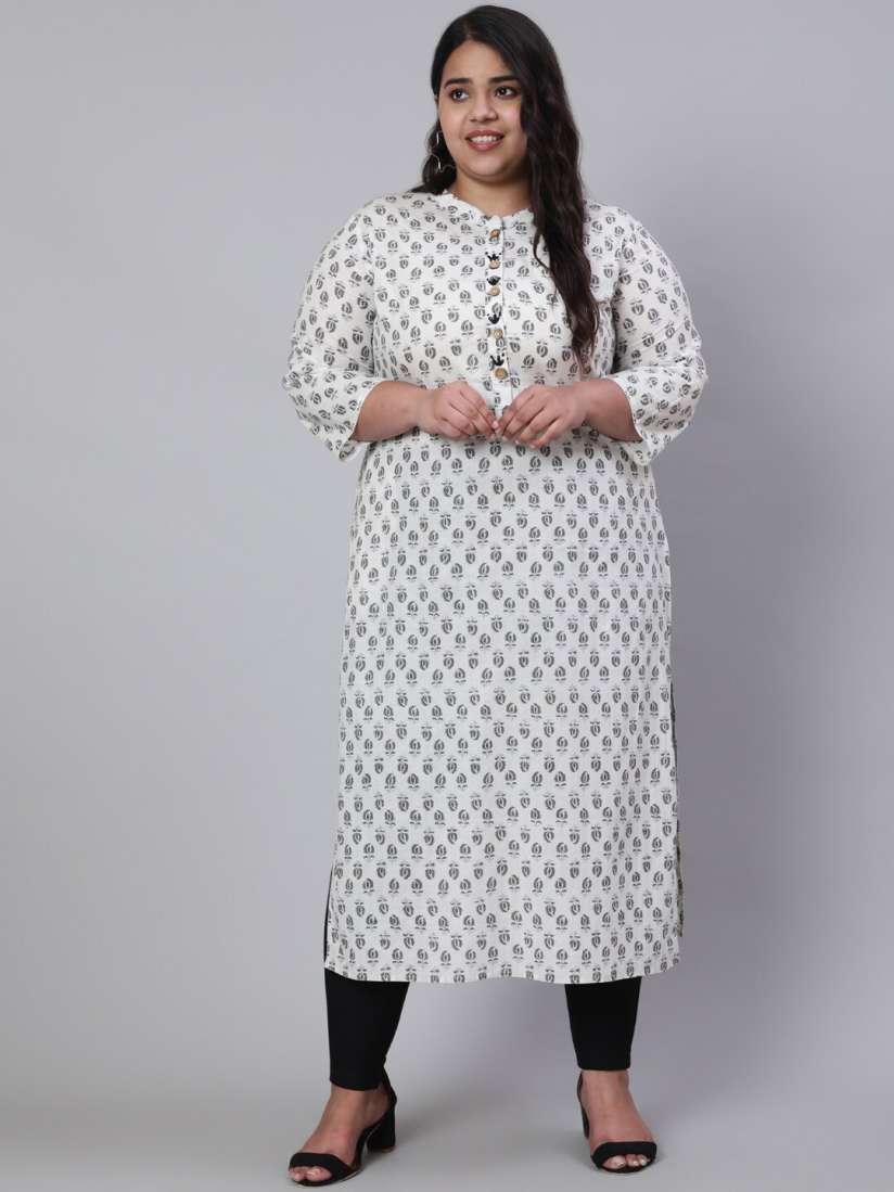 Buy Jaipur Kurti Plus Size White Grey Ethnic Motif Printed Mandarin Collar Pure Cotton Kurta Kurtas for Women 22850234 Myntra