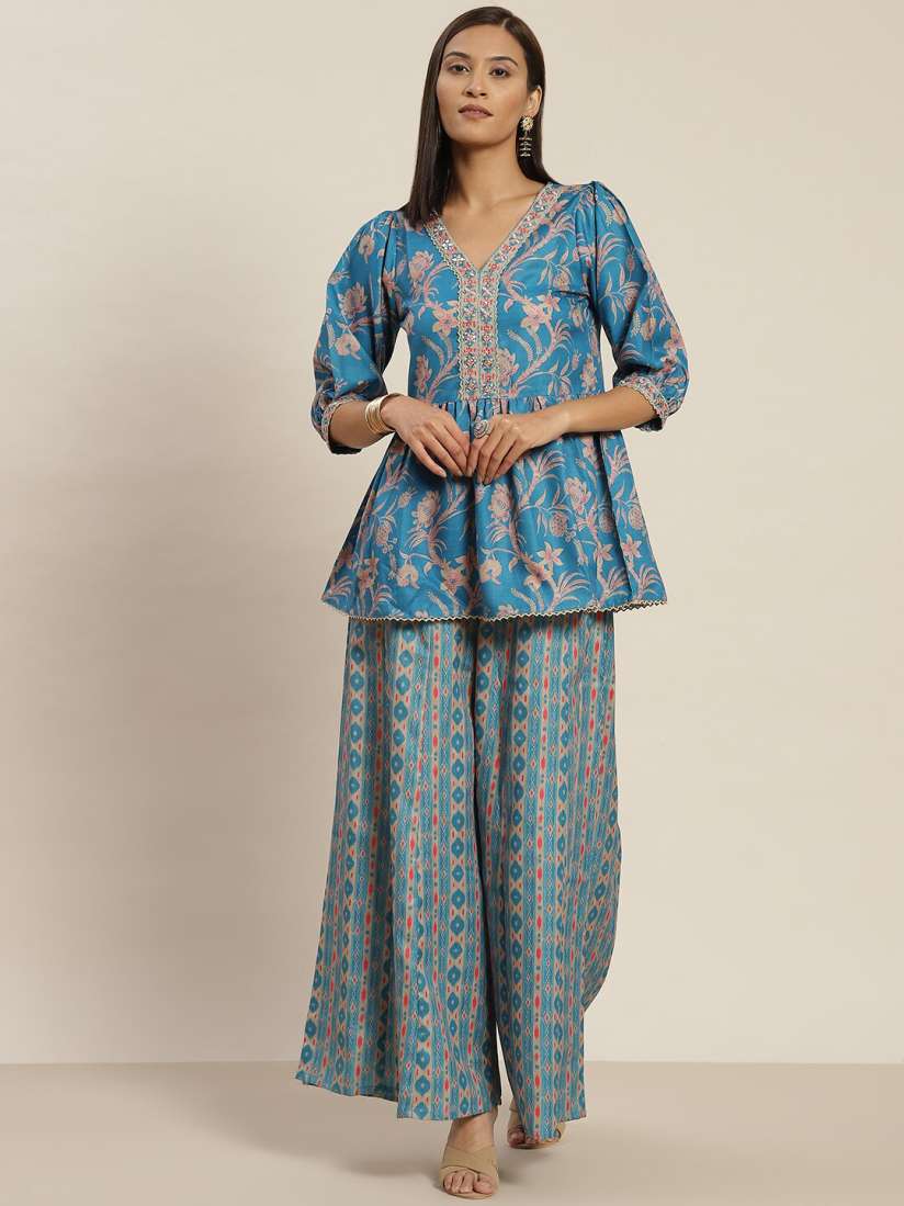 Buy Jaipur Kurti Ethnic Motif Printed V Neck Puff Sleeves Peplum Top With Palazzo Co Ords Co Ords for Women 22850246 Myntra