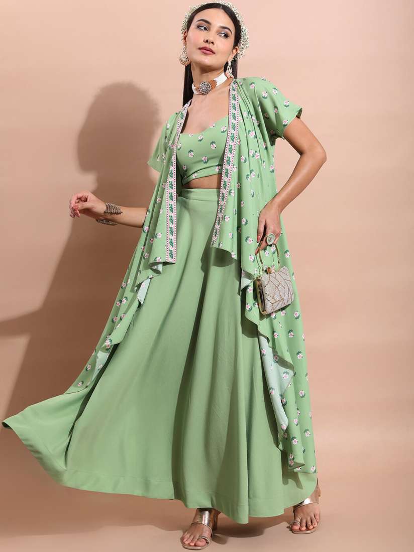 Buy Vishudh Women Green Printed Crop Top With Palazzo With Jacket Co Ords for Women 22860650 Myntra
