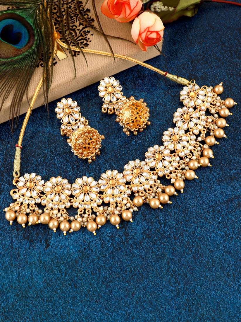 Buy MANSIYAORANGE Gold Plated Kundan Studded Beaded Necklace Earrings Jewellery Set for Women 22867464 Myntra