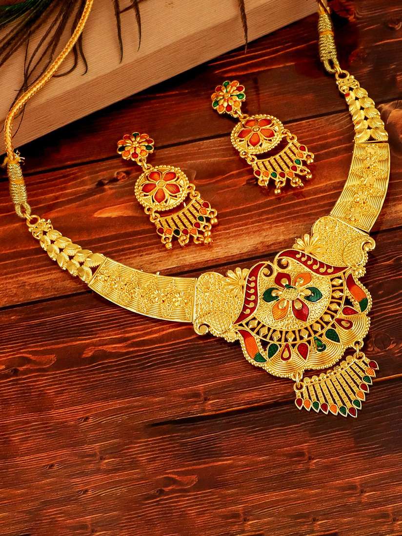MANSIYAORANGE Gold-Plated Stone Studded Beaded Necklace Earrings
