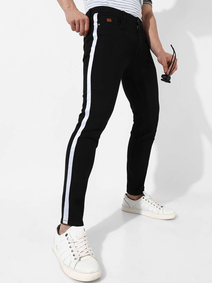 Side stripe jeans mens myntra hot sale