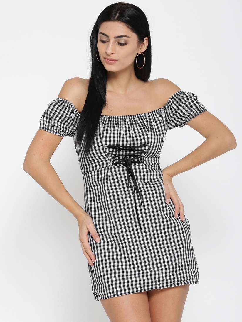 Buy FOREVER 21 Women Black Off Shoulder Checked Sheath Dress Dresses for Women 2287298 Myntra