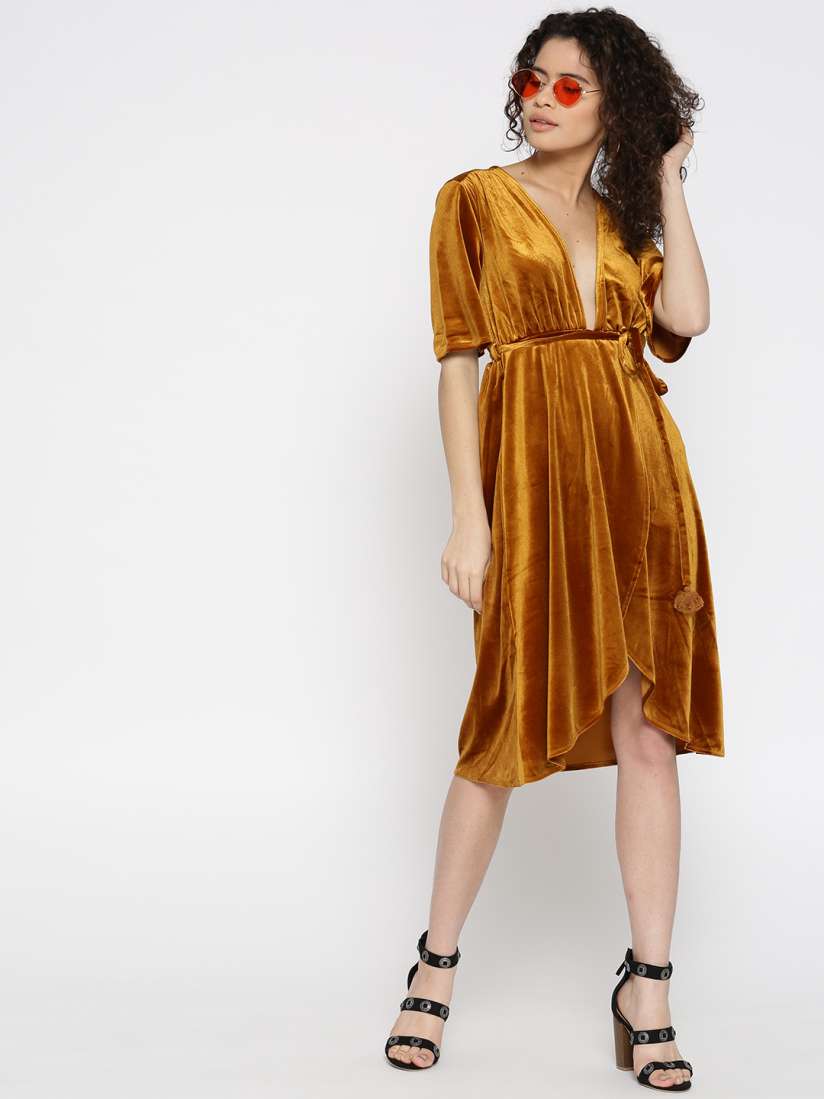 Buy FOREVER 21 Women Mustard Yellow Solid Velvet Fit Flare Dress Dresses for Women 2287377 Myntra