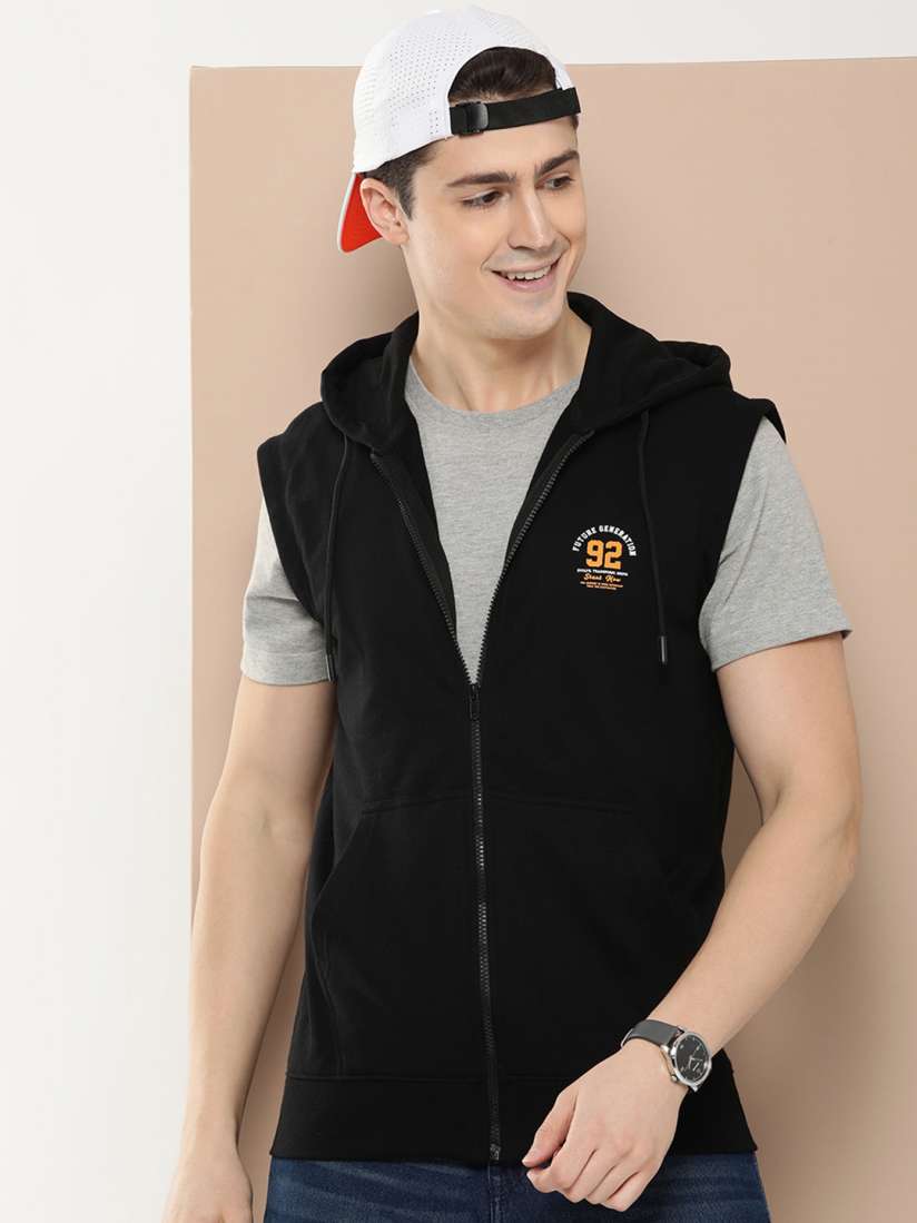 Buy HERE NOW Zip Closure Sleeveless Hooded Sweatshirt Sweatshirts for Men 22874120 Myntra