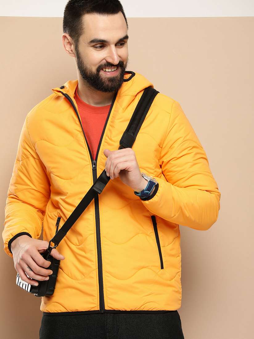 Hooded Jacket Mens Yellow Puffer Jacket HERE&NOW Solid Hooded
