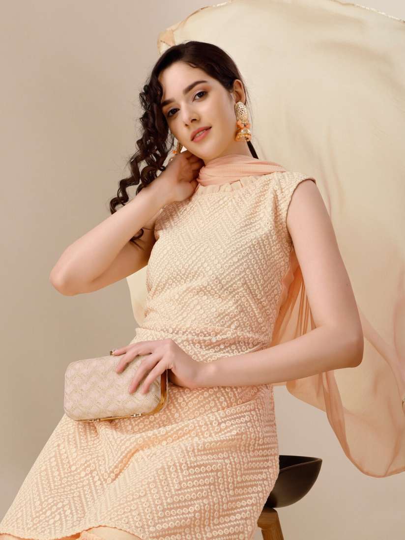 Buy Sangria Peach Geometric Embroidered Kurti With Palazzo Dupatta Kurta Sets for Women 22881682 Myntra