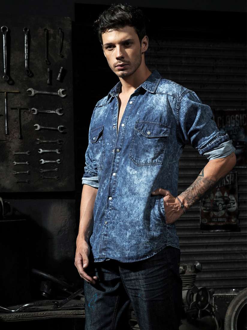 Buy Roadster Time Travlr Men Blue Washed Denim Shirt Shirts for Men 2289657 Myntra