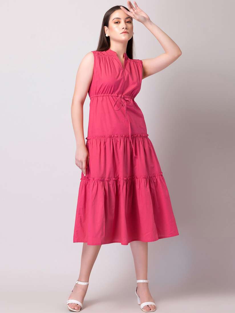 Buy FabAlley Pink Tie Up Tiered Pure Cotton Fit Flare Midi Dress Dresses for Women 22905302 Myntra