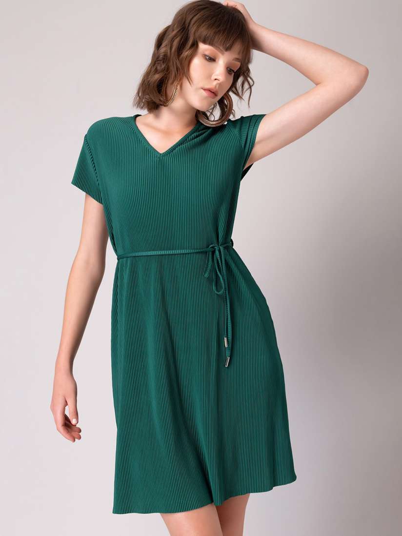 Buy FabAlley Green Ribbed V Neck A Line Dress Dresses for Women 22905354 Myntra
