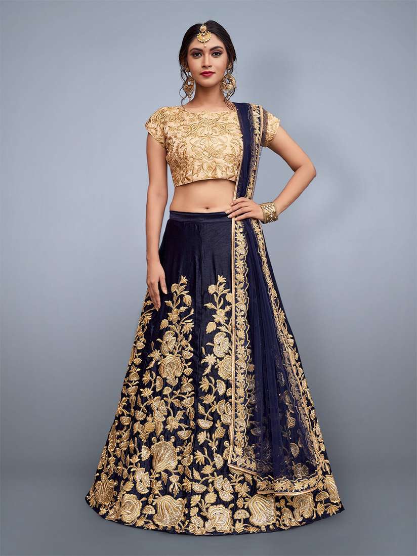 Buy ODETTE Blue \u0026 Gold-Toned Embroidered Semi-Stitched Lehenga \u0026 Unstitched  Blouse With Dupatta - Lehenga Choli for Women 22907718 | Myntra