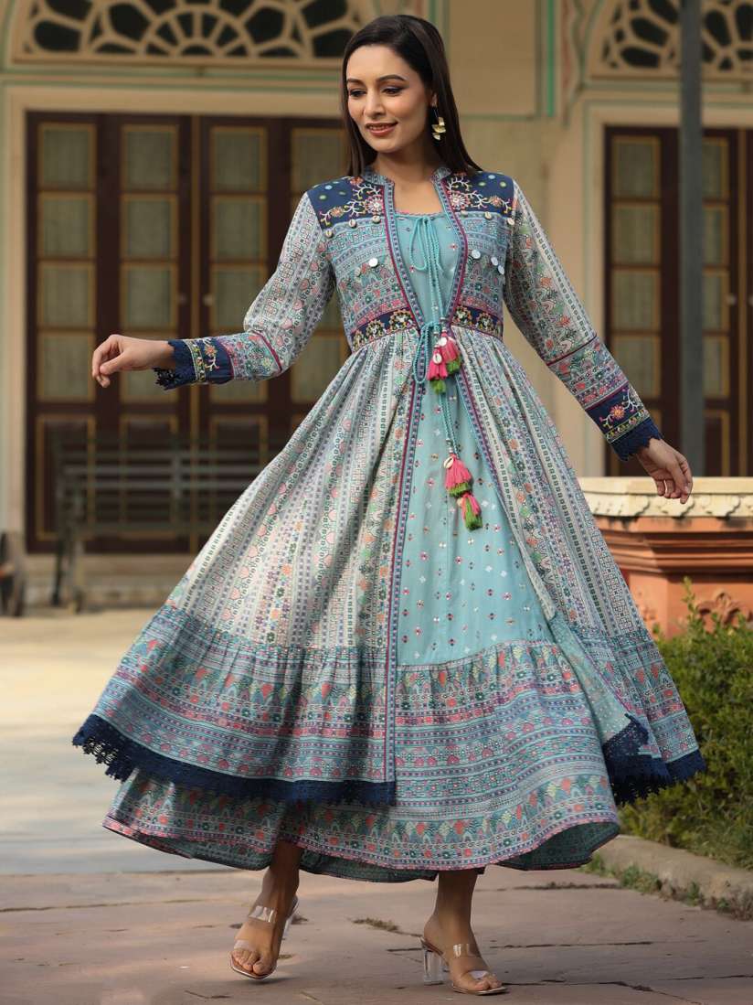 Buy Juniper Blue Printed Cotton Maxi Dress With Jacket Ethnic Dresses for Women 22939638 Myntra