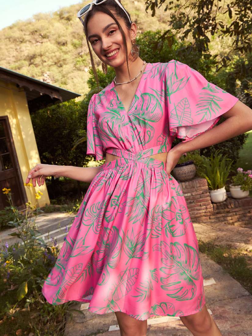 Buy SASSAFRAS Tropical Printed Waist Cut Out Georgette Fit Flare Dress Dresses for Women 22944854 Myntra