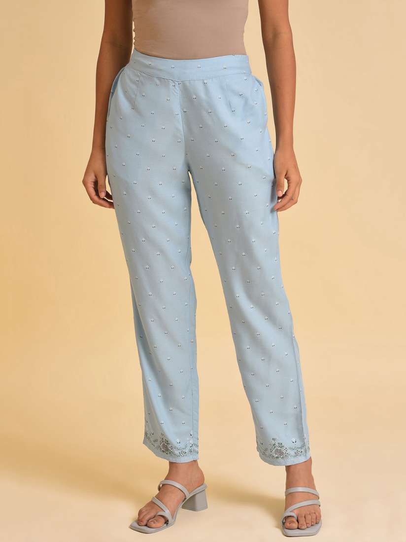 Buy W Women Blue Floral Printed Slim Fit Trousers Trousers for Women 22945560 Myntra