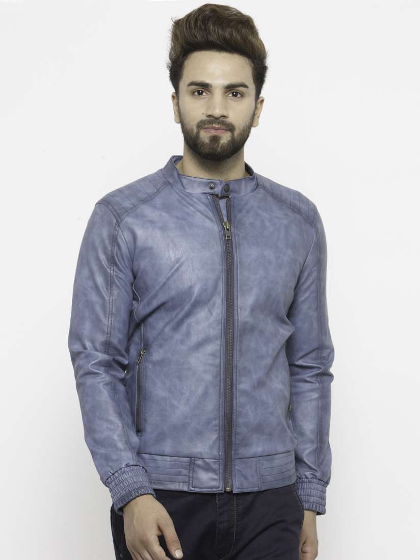Buy Monteil Munero Men Blue Solid Biker Jacket Jackets for Men 2294629 Myntra
