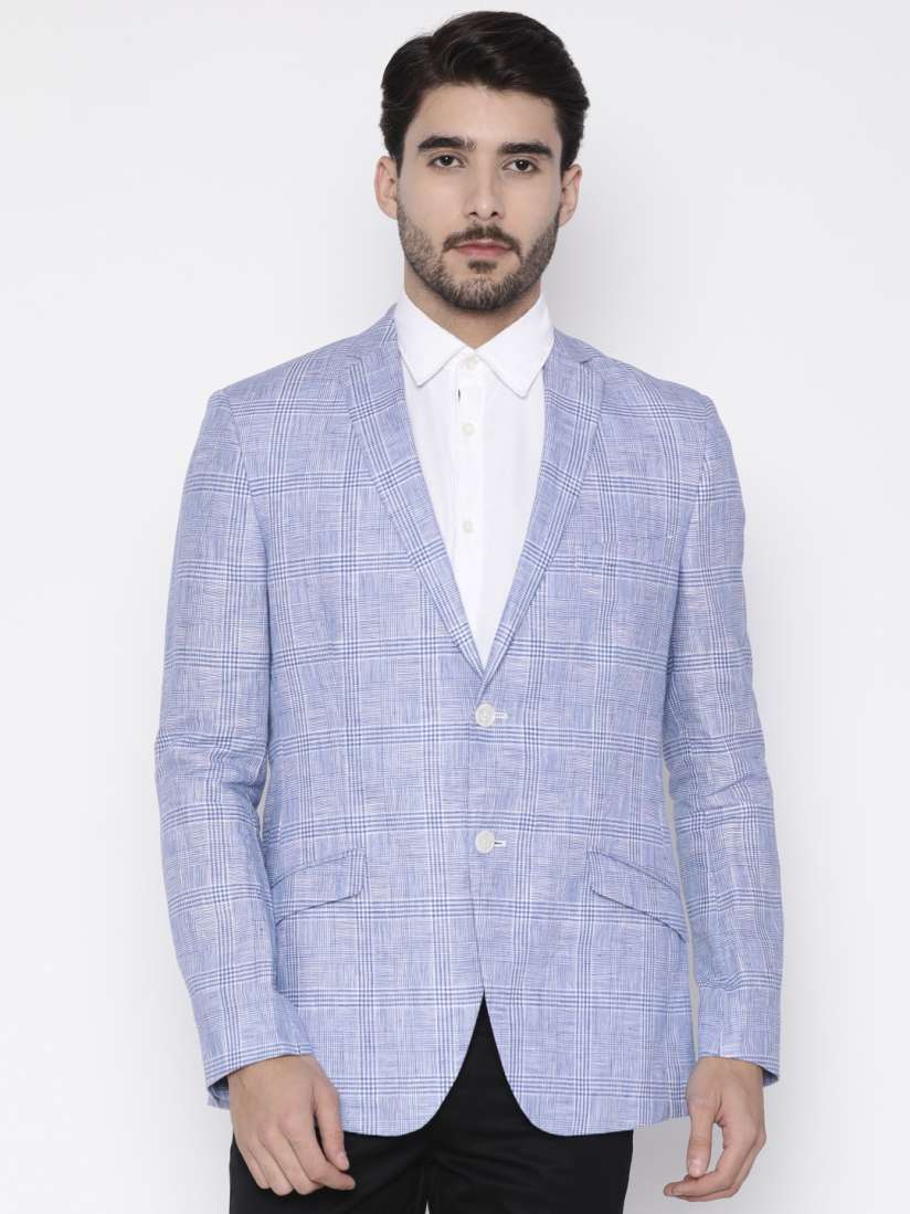 Buy Theme Blue White Checked Linen Single Breasted Fitted Blazer Blazers for Men 2297800 Myntra