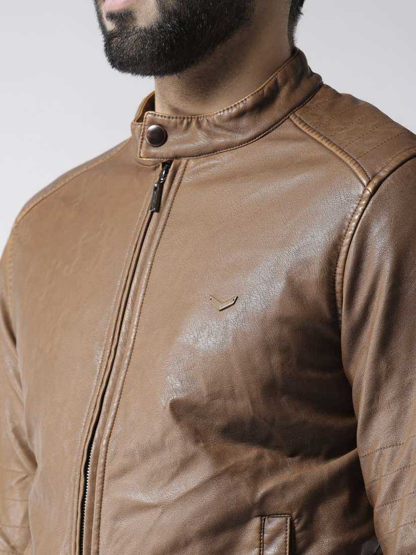 Buy Okane Men Brown Solid Biker Jacket Jackets for Men 2299142 Myntra