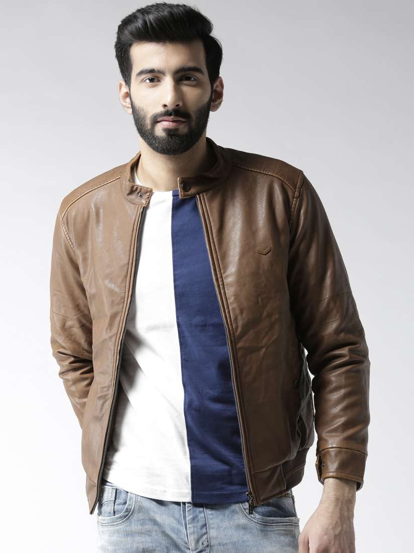 Buy Okane Men Brown Solid Biker Jacket Jackets for Men 2299142 Myntra