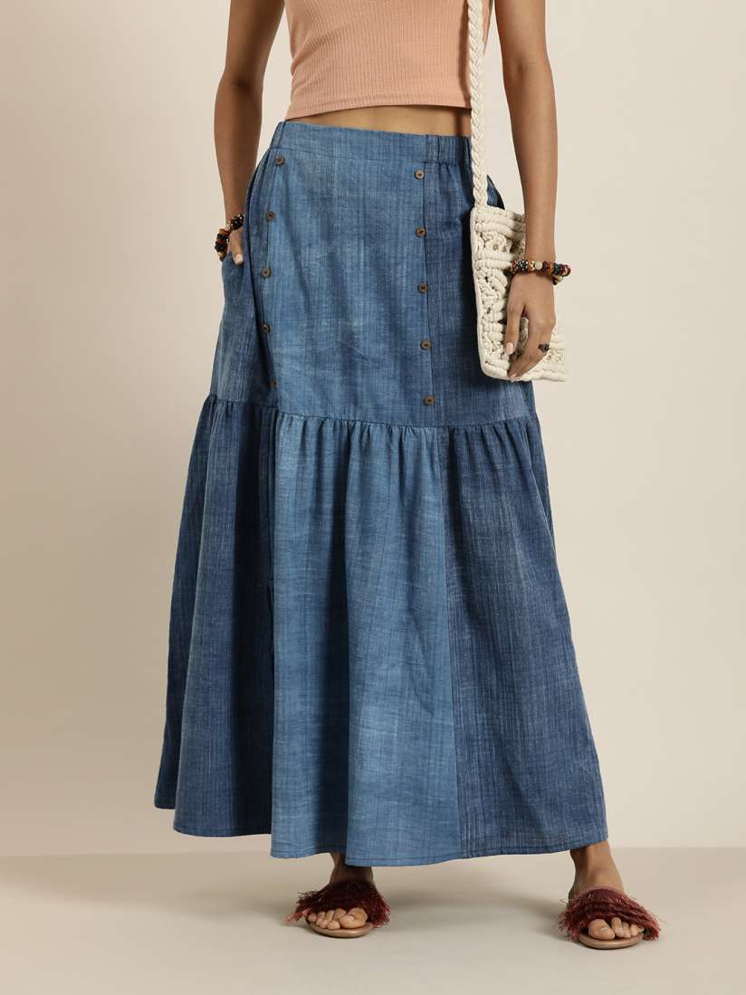 Buy Taavi Women Indigo Denim Cotton Linen Tiered Maxi Skirt Skirts for Women 22993874 Myntra