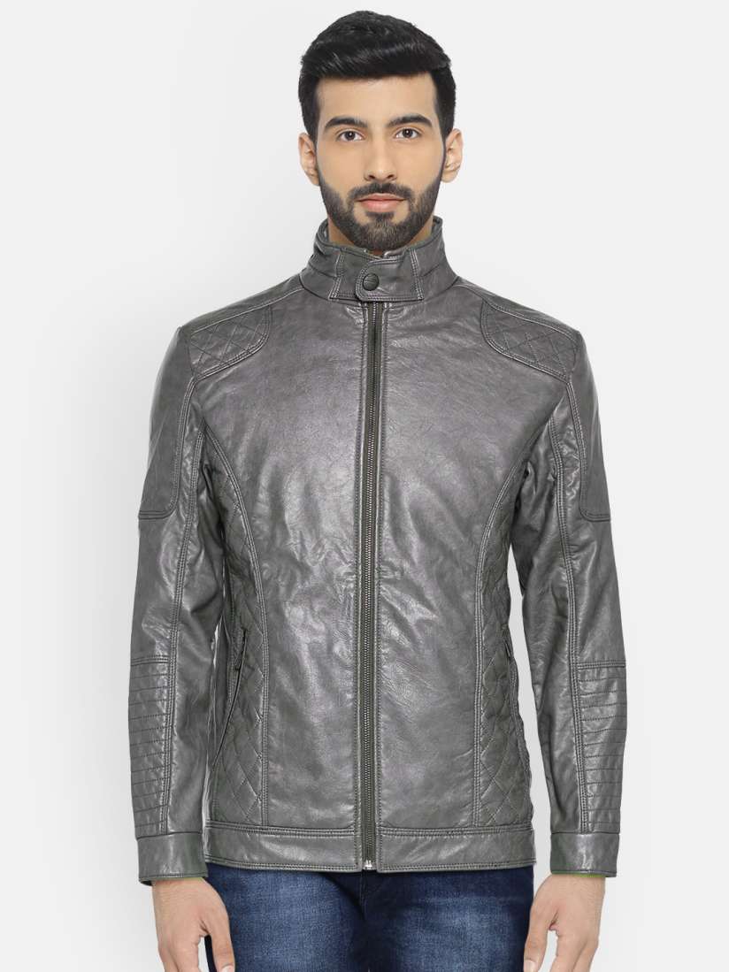 Grey faux leather biker jacket sales