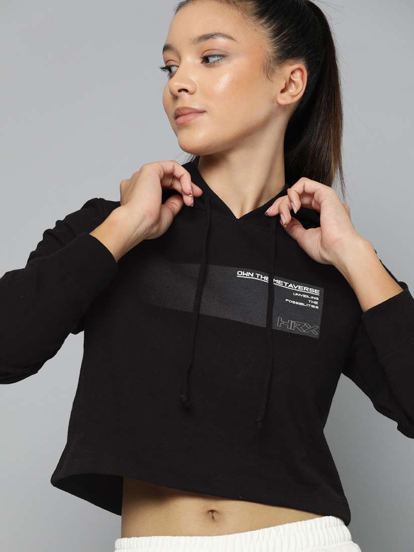 Buy HRX by Hrithik Roshan Minimal Typography Printed Cropped Hooded Lifestyle Sweatshirt Sweatshirts for Women 23029072 Myntra